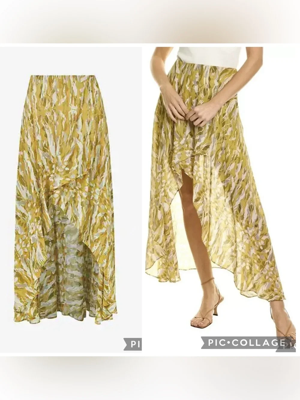 AllSaints Slvina Oniyuri Yellow Multi Camo Print Asymmetric Maxi Skirt Size 8